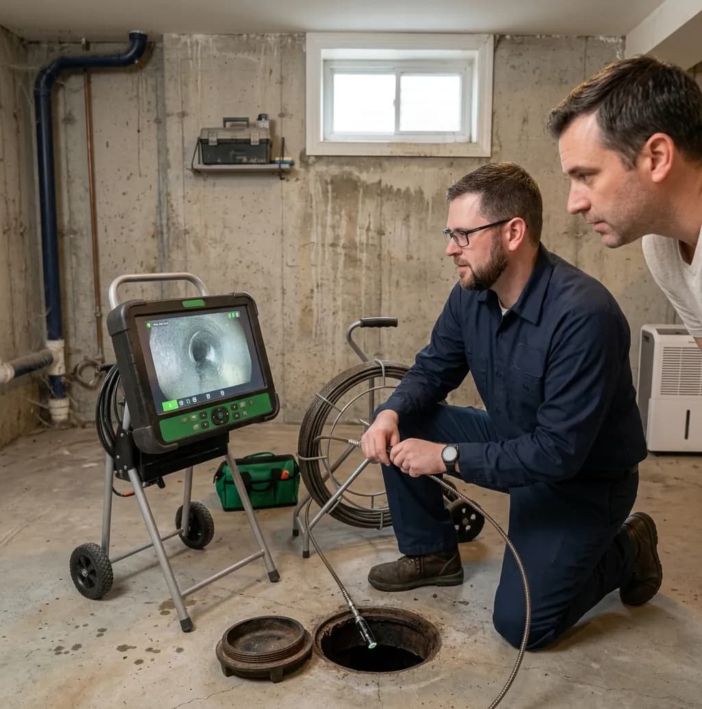 Frank Menkal showing a homeowner the sewer camera footage on the monitor